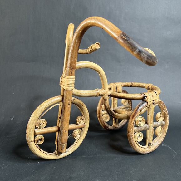 VTG Wicker Bamboo Tricycle Bike Planter Pot Holder 10” Tall Handcrafted - Picture 1 of 15